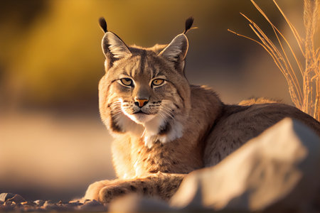 bobcat grooming its sleek fur in the sunlight, created with generative aiの素材