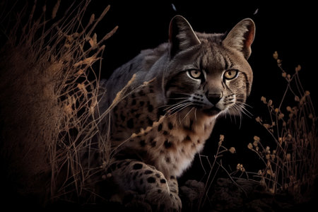 bobcat lurking in the darkness of night, ready to pounce on its unsuspecting prey, created with generative aiの素材