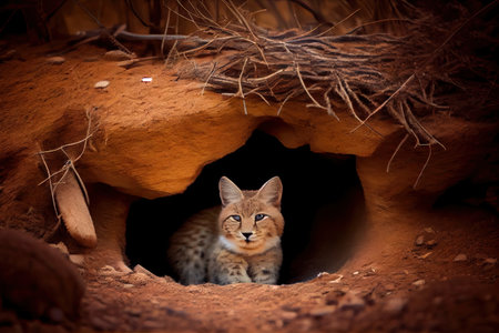bobcat with its head in a rabbit hole, waiting for prey, created with generative aiの素材