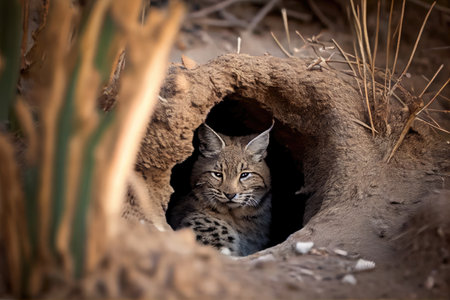 bobcat with its head in a rabbit hole, waiting for prey, created with generative aiの素材