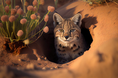 burrowing bobcat digging its den, created with generative aiの素材