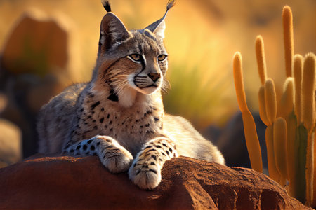 bobcat sunning itself on a warm rock, created with generative aiの素材