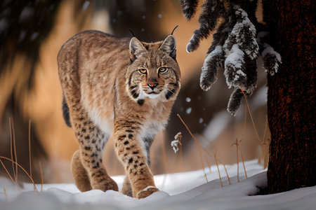 bobcat walking through snowy forest, created with generative aiの素材
