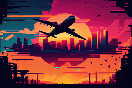 cargo plane flies through colorful sunset sky, with silhouettes of buildings in the background, created with generative aiの素材