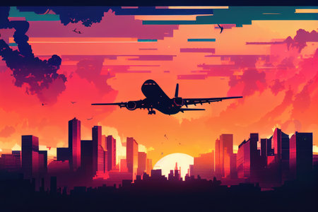 cargo plane flies through colorful sunset sky, with silhouettes of buildings in the background, created with generative aiの素材