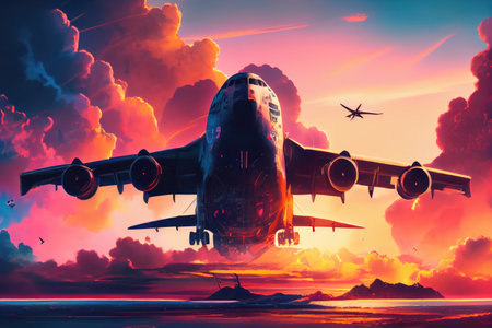 cargo plane taking off from sunset sky, with colorful sky and clouds in the background, created with generative aiの素材
