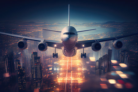 cargo plane flying over cityscape, with blurred lights of the metropolis visible in the background, created with generative aiの素材