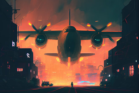 cargo plane landing in town with neon signs and lights in the background, created with generative aiの素材