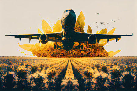 cargo plane flying above field of sunflowers in double exposure, created with generative aiの素材