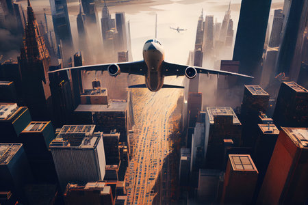 cargo plane flying over cityscape, with bustling streets and skyscrapers visible below, created with generative aiの素材