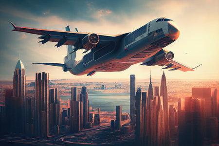 cargo plane flying over city, with view of skyscrapers in the background, created with generative aiの素材