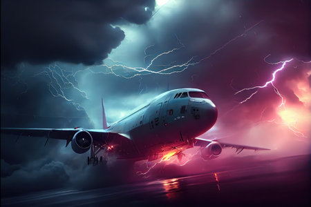 cargo plane flying through stormy sky with lightning strikes, created with generative aiの素材