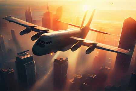 cargo plane flying over city, with sun shining through the windows, created with generative aiの素材