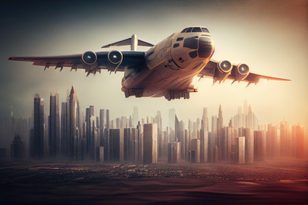 cargo plane flying over urban landscape, with blurry skyline visible in the background, created with generative aiの素材