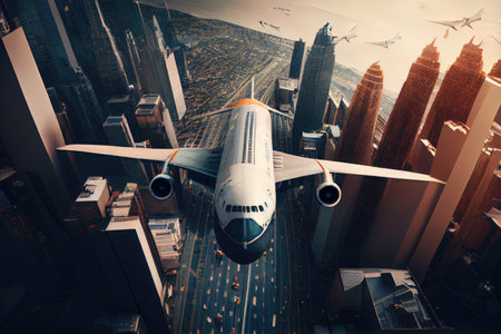 cargo plane flying over busy city, with skyscrapers and traffic visible on the ground, created with generative aiの素材