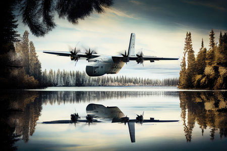 cargo plane flying over peaceful lake, with reflection of the water in the background, created with generative aiの素材