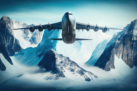 cargo plane flies over snowy mountain range, with peaks visible in the background, created with generative aiの素材