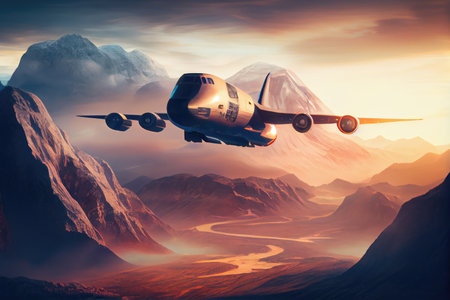 cargo plane flying over mountainous landscape, with sunrise in the background, created with generative aiの素材