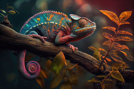 chameleon on tree branch, changing colors to blend in with its surroundings, created with generative aiの素材