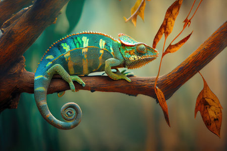 chameleon hiding on tree branch, blending in with its surroundings, created with generative aiの素材