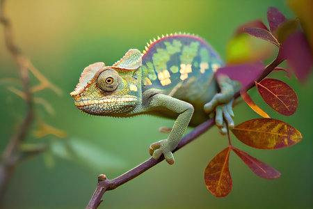 chameleon hiding on tree branch, blending in with its surroundings, created with generative aiの素材