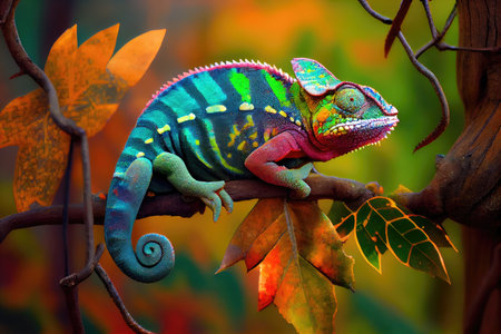 chameleon sitting on tree branch, changing colors to blend in with surroundings, created with generative aiの素材