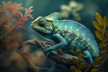 chameleon in its natural habitat, blending seamlessly with the surroundings, created with generative aiの素材