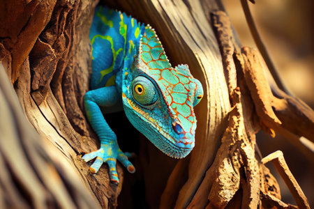 chameleon blending into its surroundings, hiding from danger, created with generative aiの素材