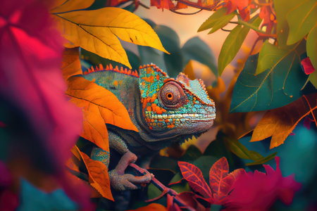 chameleon hiding in plain sight among the leaves and flowers of its habitat, created with generative aiの素材