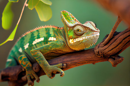 chameleon hanging from tree branch, showcasing its camouflage capabilities, created with generative aiの素材