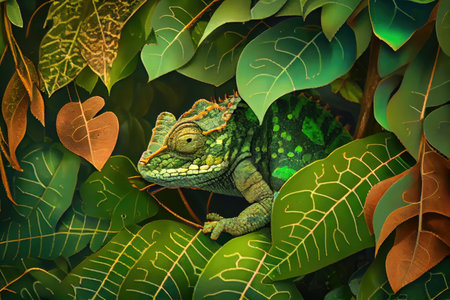 chameleon hiding in the foliage, blending in with its surroundings, created with generative aiの素材
