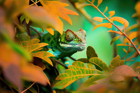 chameleon hiding in the foliage, blending in with its surroundings, created with generative aiの素材
