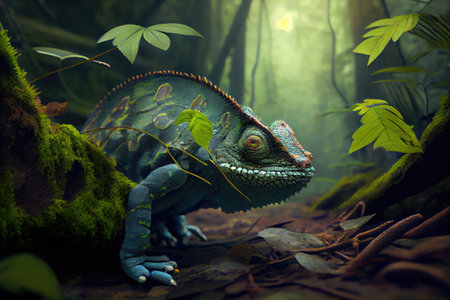 chameleon hunting for its next meal in the forest, created with generative aiの素材