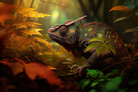 chameleon hunting for its next meal in the forest, created with generative aiの素材
