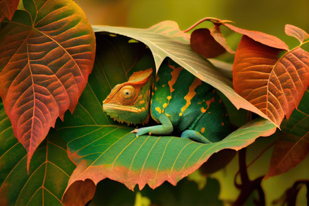 chameleon hiding in leaf, blending in with its natural habitat, created with generative aiの素材