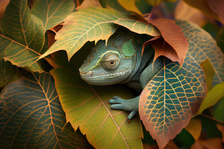 chameleon hiding in leaf, blending in with its natural habitat, created with generative aiの素材