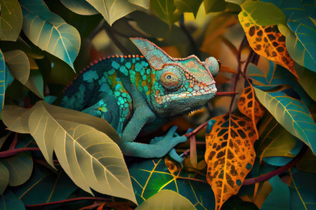 chameleon blending in with its environment, camouflaged among the leaves and trees, created with generative aiの素材