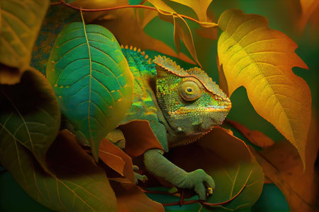 chameleon in its natural environment, hunting among the leaves, created with generative aiの素材