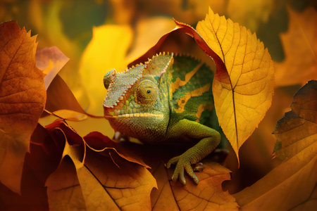 chameleon in its natural environment, hunting among the leaves, created with generative aiの素材