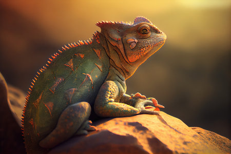 chameleon basking in the sun on warm rock, created with generative aiの素材