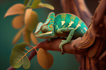 a chameleon hiding on a tree branch, blending in with its surroundings, created with generative aiの素材