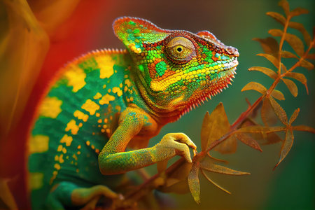 chameleon in the midst of changing its colors, from green to yellow and red, created with generative aiの素材