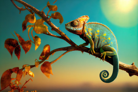 chameleon basking in the sun on tree branch, with view of blue sky, created with generative aiの素材