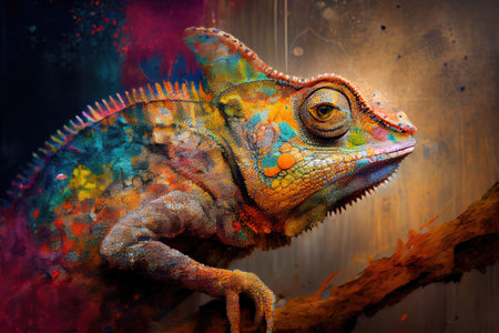 an artists interpretation of a chameleon, with its many colors and textures, created with generative aiの素材