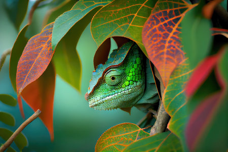 chameleon hiding in tree, blending into the leaves, created with generative aiの素材