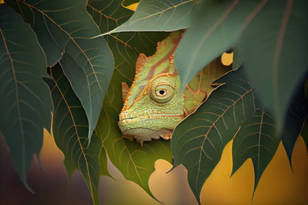 chameleon hiding behind leaf, waiting to ambush its prey, created with generative aiの素材