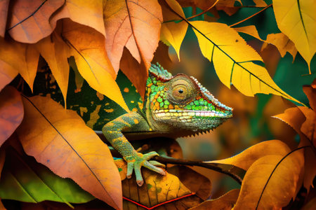 chameleon hiding among the leaves of a tree, keeping perfectly still, created with generative aiの素材