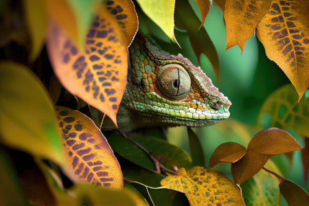 chameleon hiding among the leaves of a tree, keeping perfectly still, created with generative aiの素材