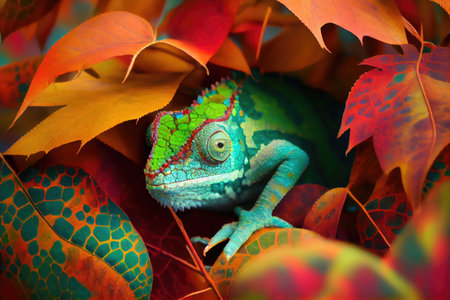 chameleon hiding in the leaves, blending in perfectly, created with generative aiの素材
