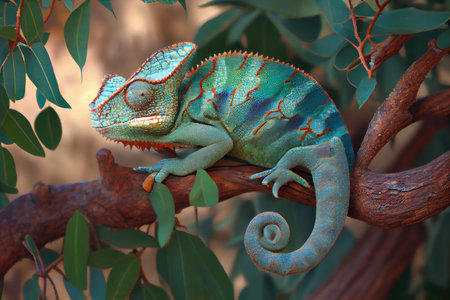 chameleon camouflaging itself on a tree branch, hiding from potential predators, created with generative aiの素材